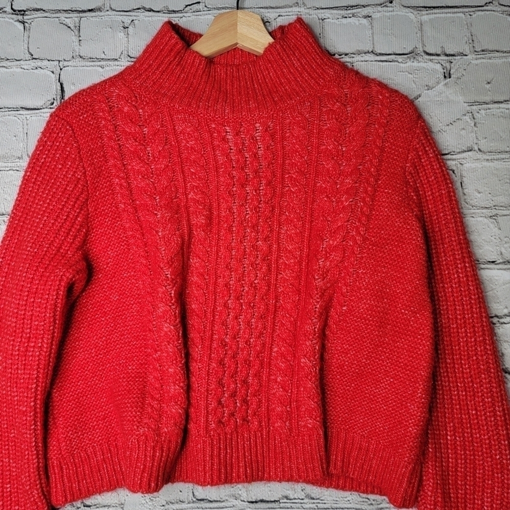 Loft Red Wool Blend‎ Cropped Mock Turtleneck Cable Knit Soft Sweater Size L - Picture 2 of 12